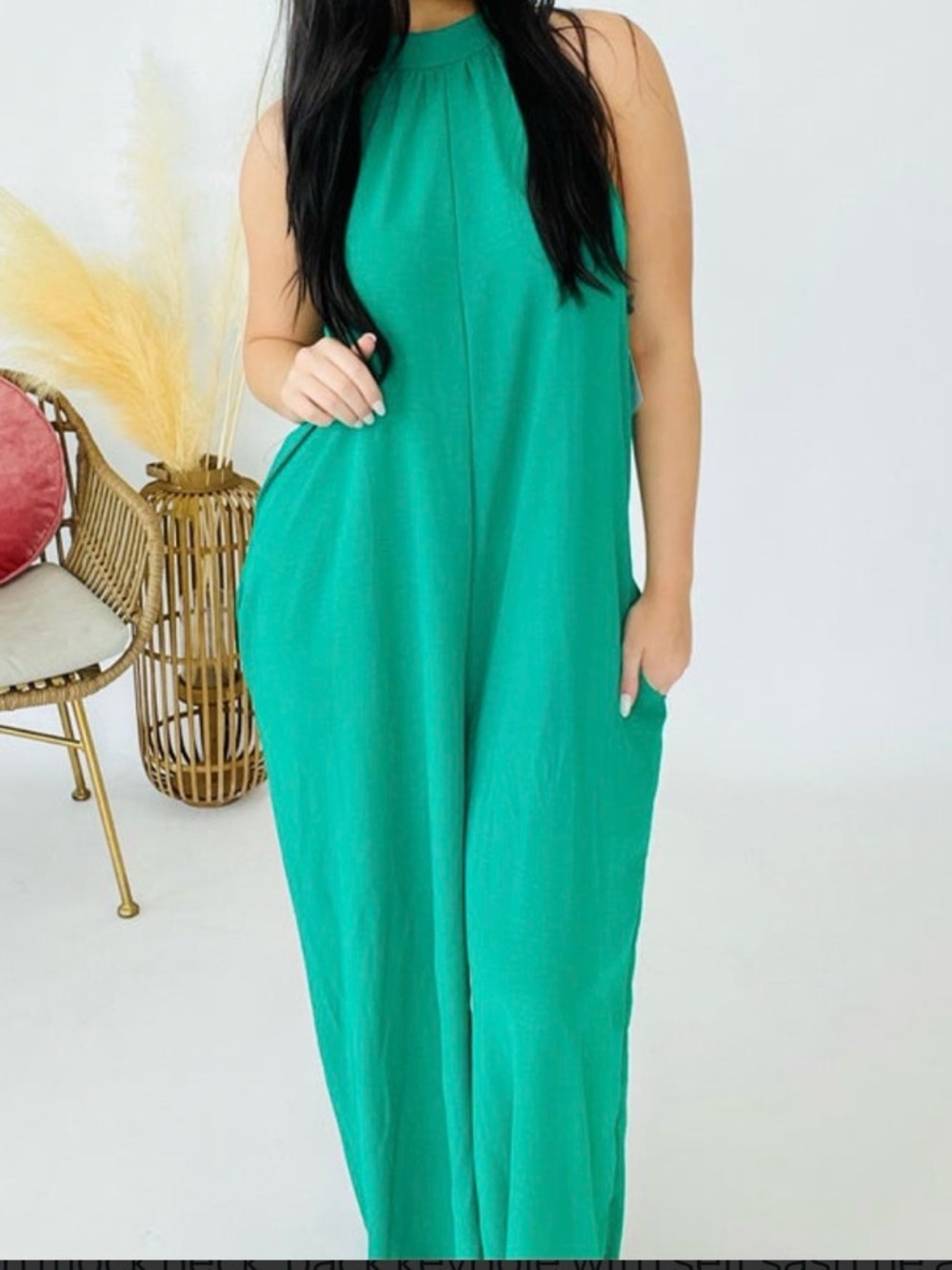 Fantastic Fawn Green Maxi Jumpsuit L NWOT | Boho Chic Flowy Boutique - Picture 5 of 7